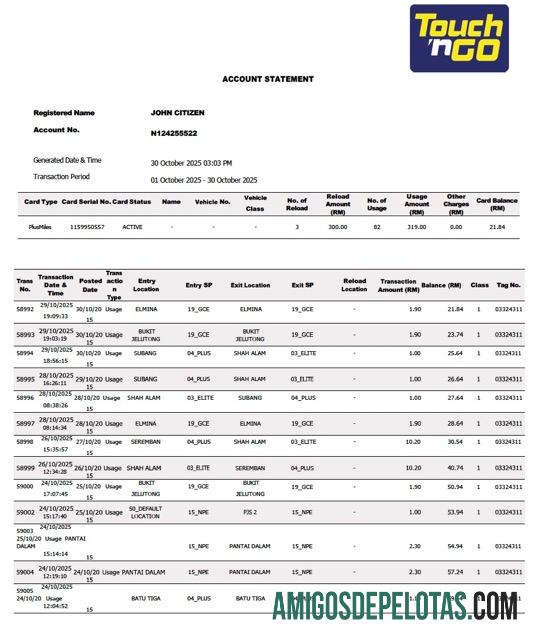 Modelo realista de extrato de conta Touch'n Go da Malásia em Word e PDF